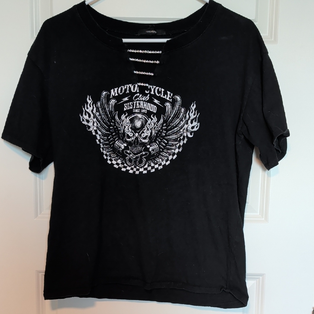 Forever 21 Black Motorcycle Graphic Tee, Medium, PTP 20 - Picture 1 of 4